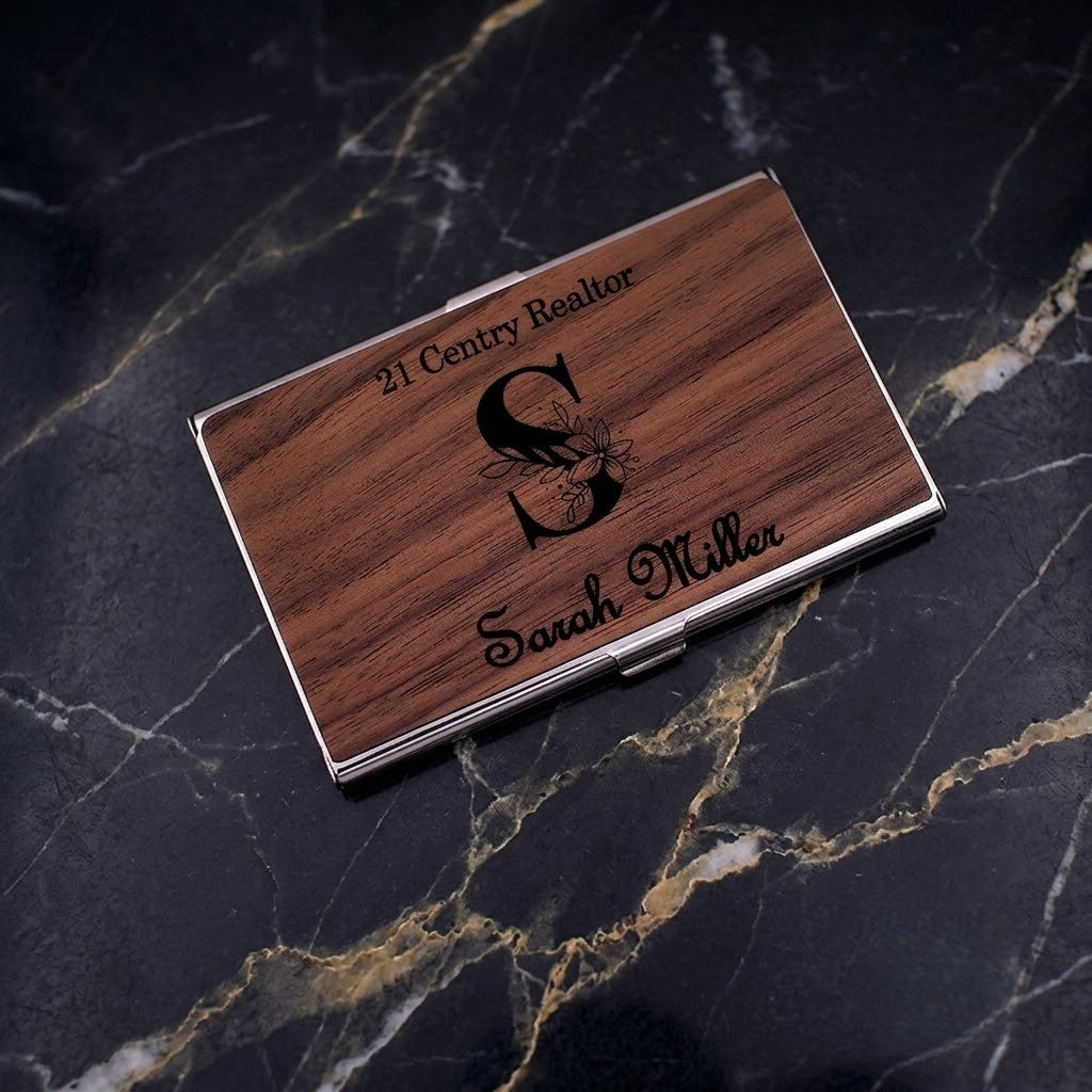 Personalized Premium Wood & Metal Business Card Holder | Custom Engraved Floral Initial