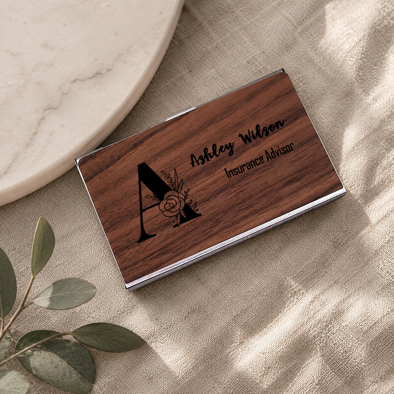 Personalized Premium Wood & Metal Business Card Holder | Custom Engraved Floral Initial