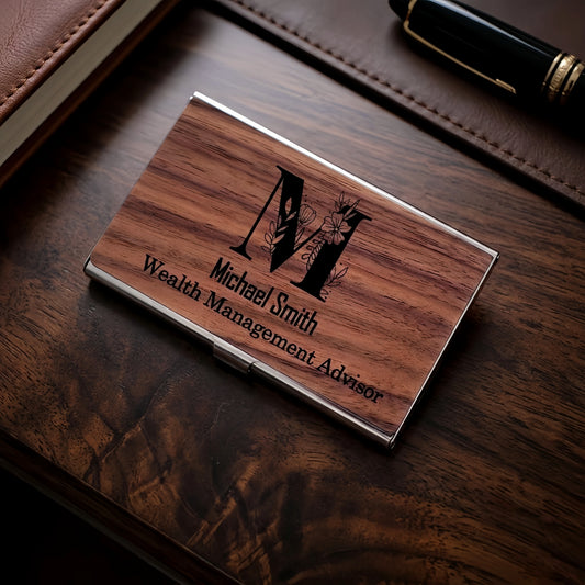 Personalized Premium Wood & Metal Business Card Holder | Custom Engraved Floral Initial