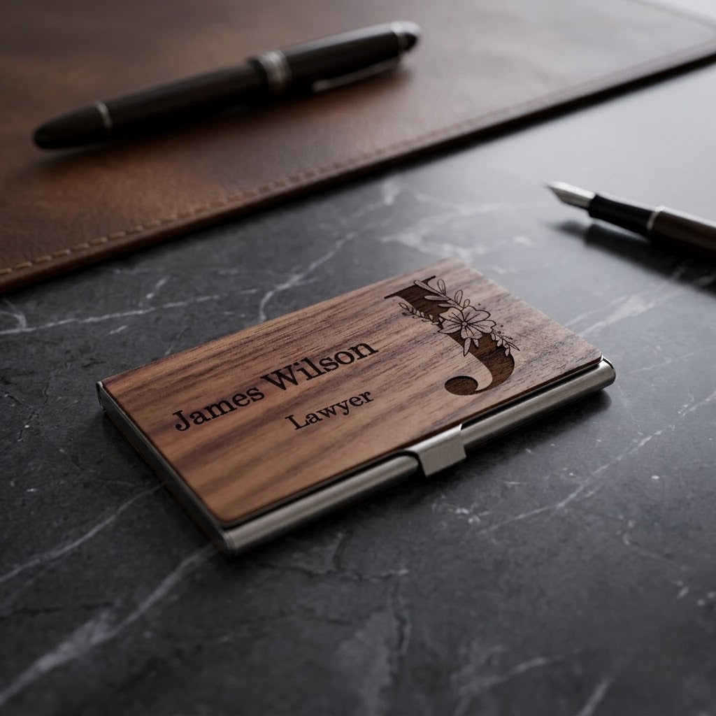 Personalized Premium Wood & Metal Business Card Holder | Custom Engraved Floral Initial