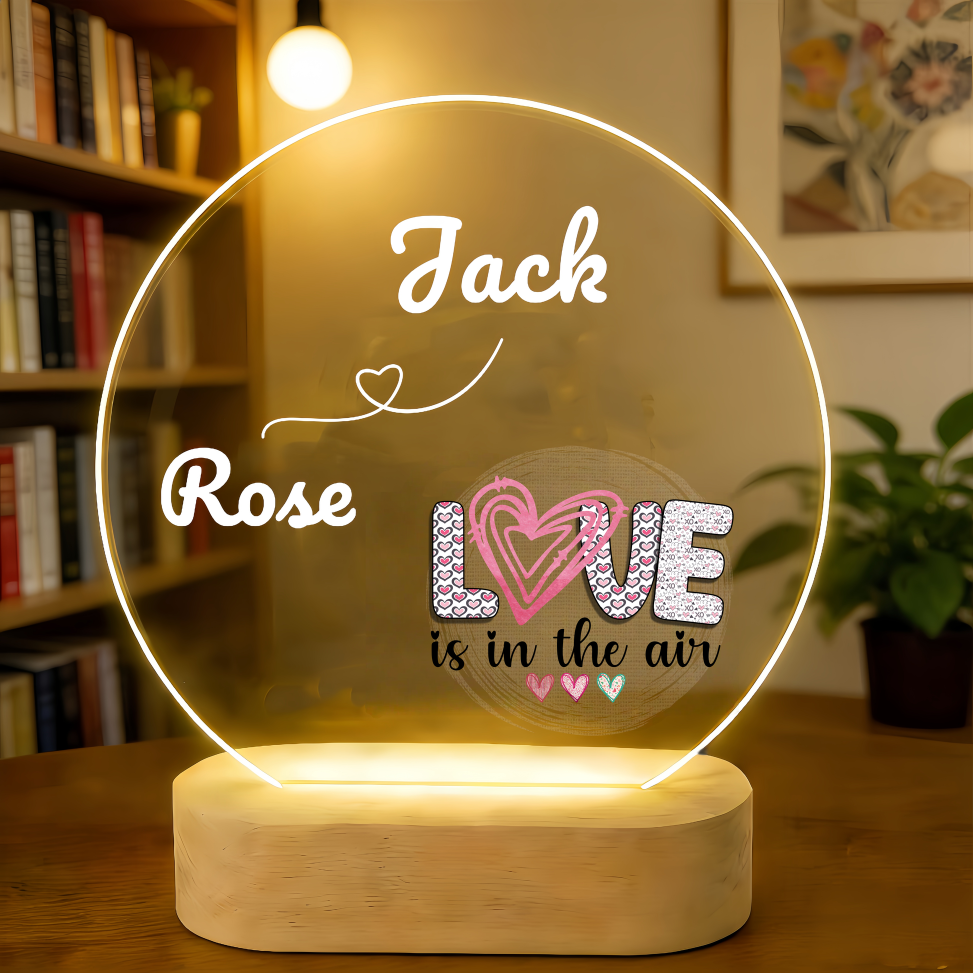 Custom LED night light with names Jack and Rose and 'Love is in the air' design

