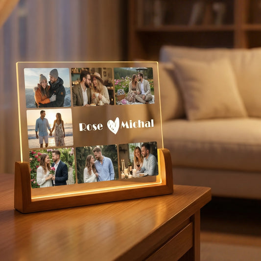 Horizontal custom photo collage lamp, acrylic LED night light with 6 photos and text, romantic anniversary gift for couples.