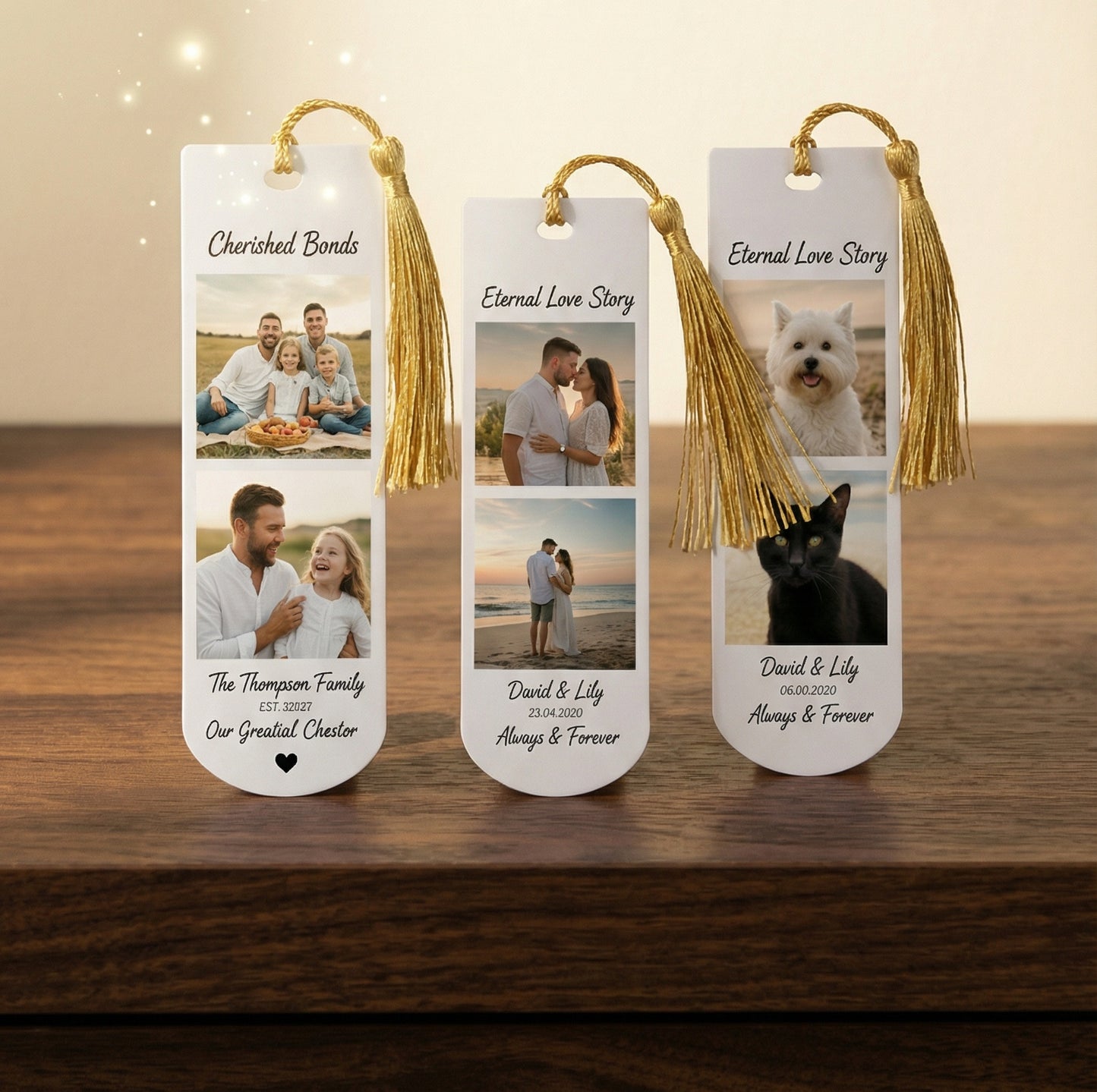 Custom metal photo bookmark with gold tassel, durable personalized page marker with 3 photos, unique gift for book lovers and readers.