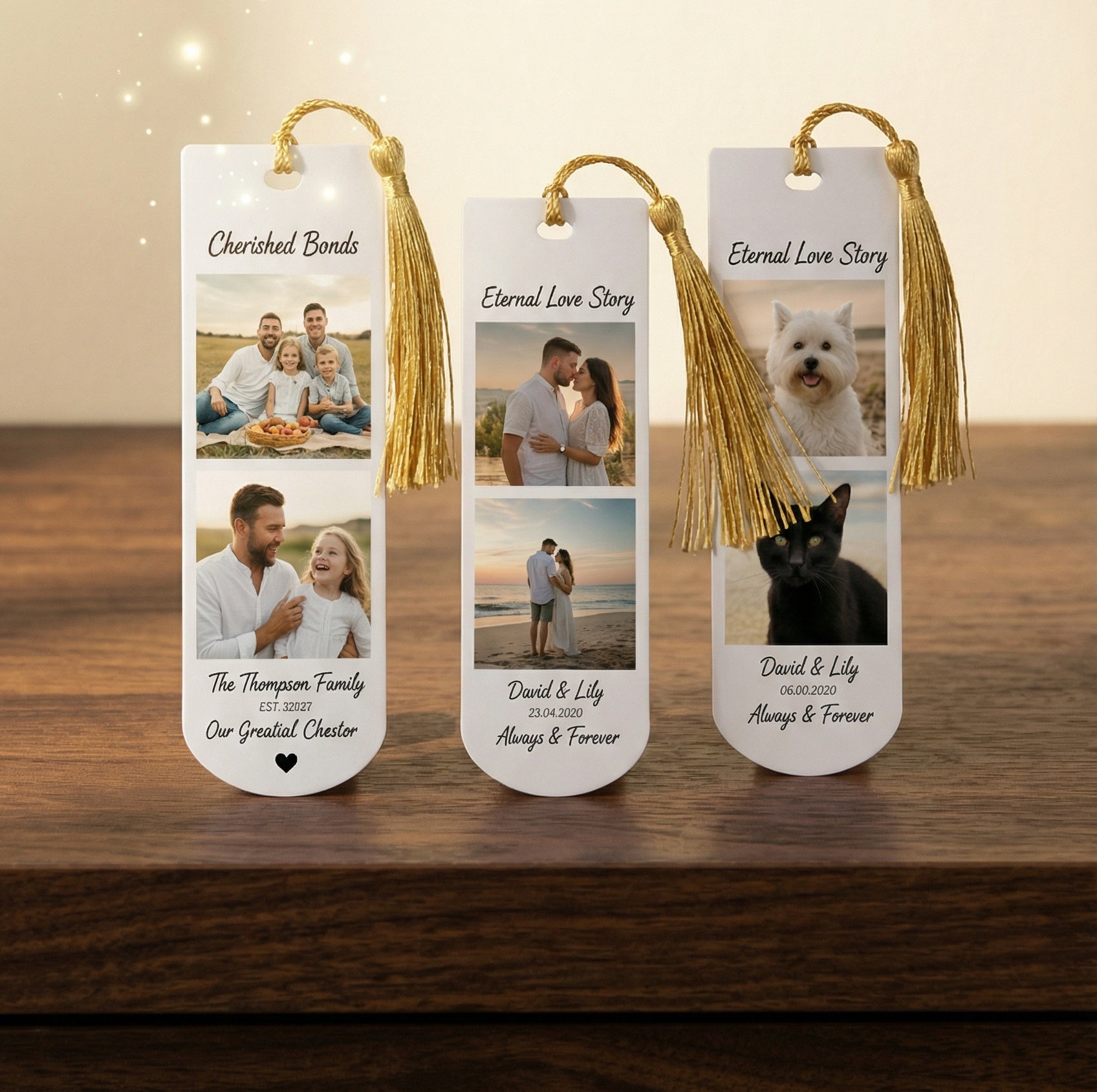 Custom metal photo bookmark with gold tassel, durable personalized page marker with 3 photos, unique gift for book lovers and readers.