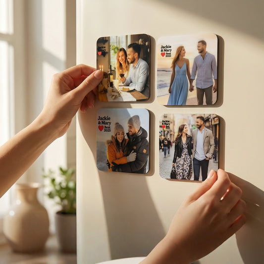 Set of 4 custom photo fridge magnets, personalized $5 \times 5\text{cm}$ magnetic photo tiles for kitchen decor, showcasing family memories