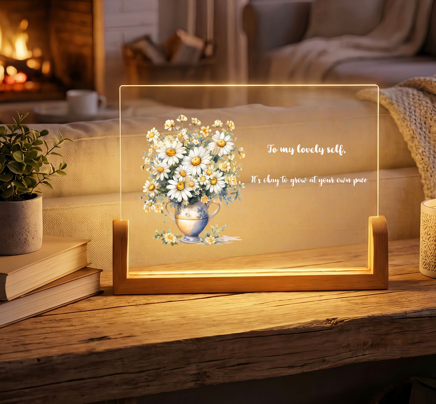 Personalized Floral Acrylic Plaque Night Light with Custom Quote
