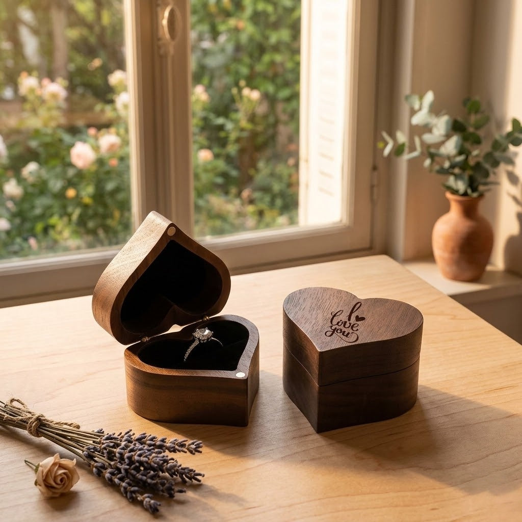 Personalized Walnut Heart Ring Box – Custom Proposal & Wedding Ring Bearer Box