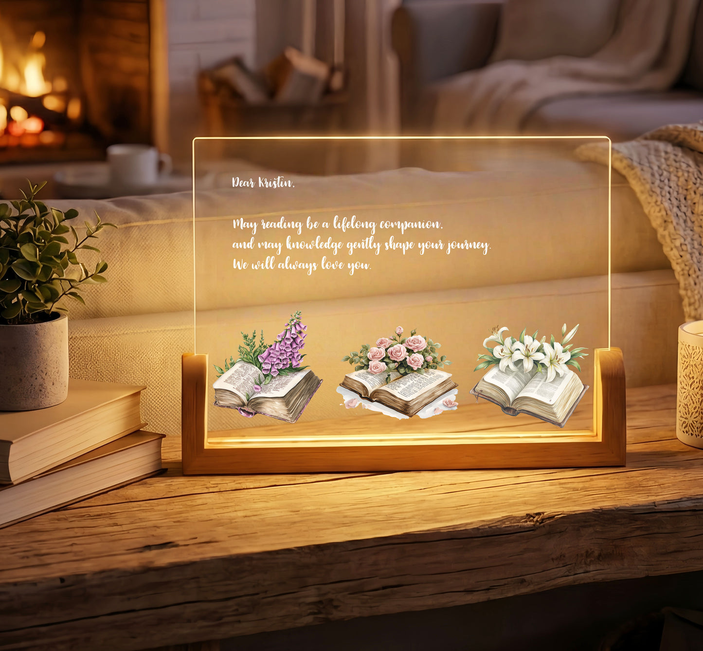 Personalized Floral Acrylic Plaque Night Light with Custom Quote
