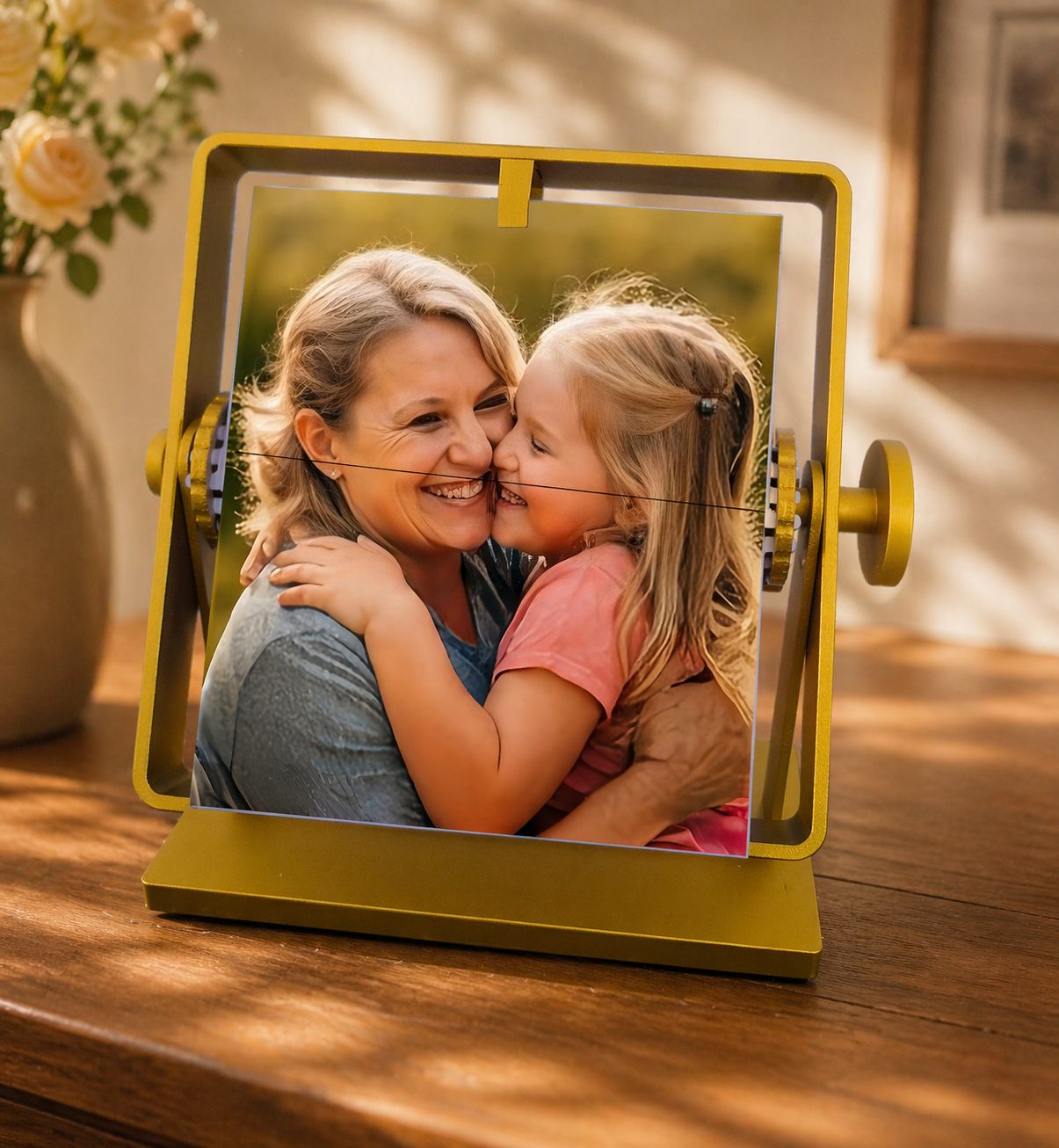 Thoughtful gift mom will cherish and unique gift for mom: a gold open-frame flipping photo holder. Ideal for a family milestone or birthday gift to showcase cute daughter and mother pictures.