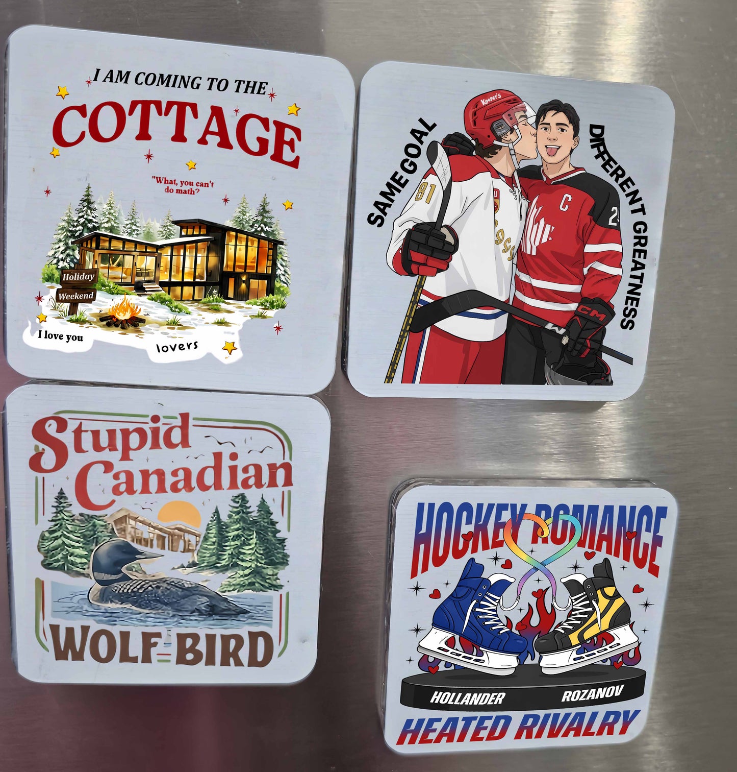 Heated Rivalry Magnet, Stupid Canadian Wolf Bird, Shane and Ilya Hockey Romance, 2X2 Acrylic Fridge Magnets | （Set Of 4 ，5mm thickness）