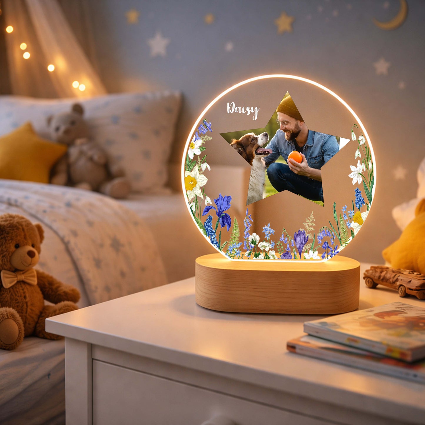 Personalized pet photo memorial night light with a glowing acrylic plaque and wood base.