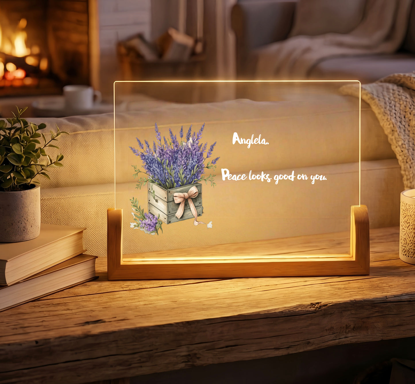 Personalized Floral Acrylic Plaque Night Light with Custom Quote
