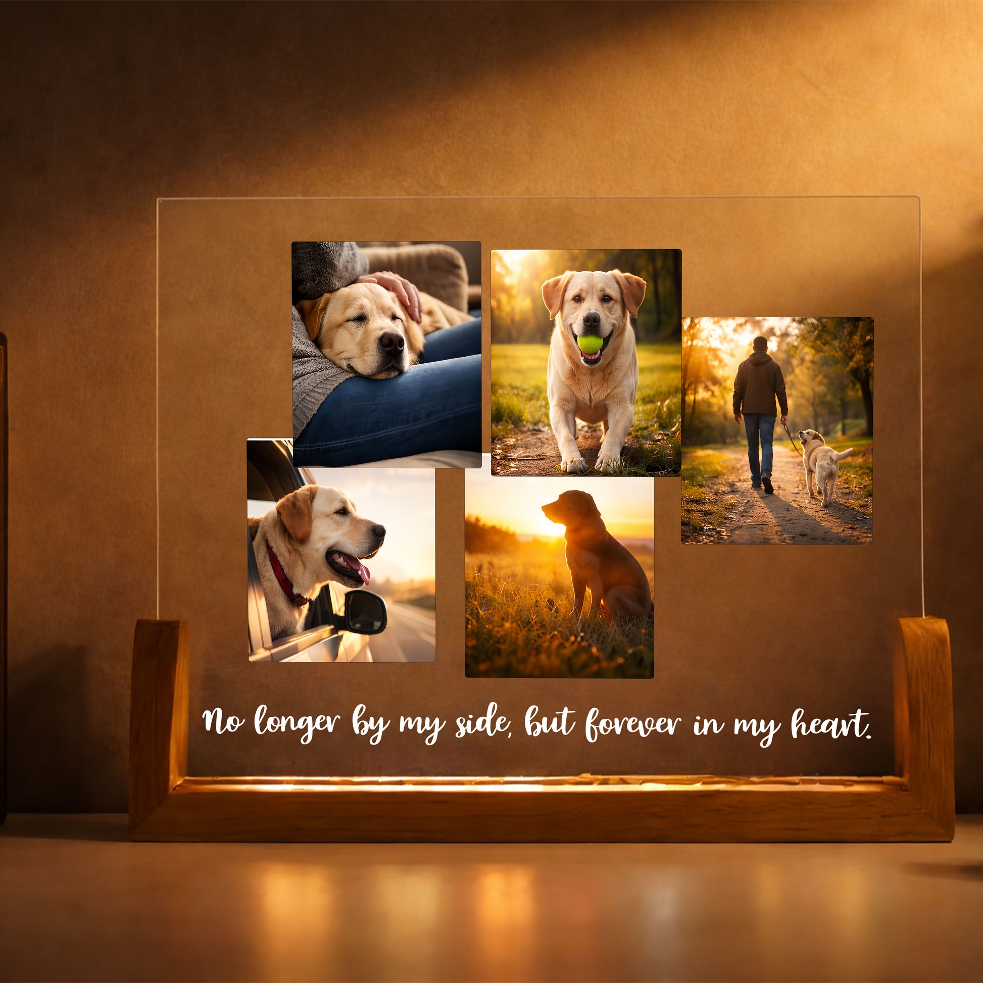 Close-up of the wooden base and LED light strip on a personalized pet loss gift.