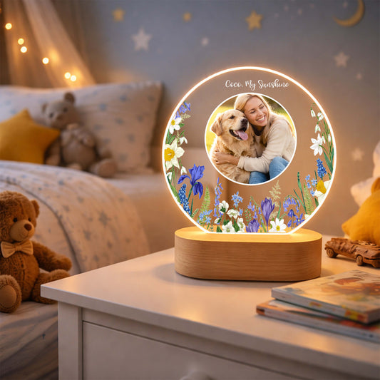 Custom dog loss sympathy night light displaying a pet photo on a bedside table.