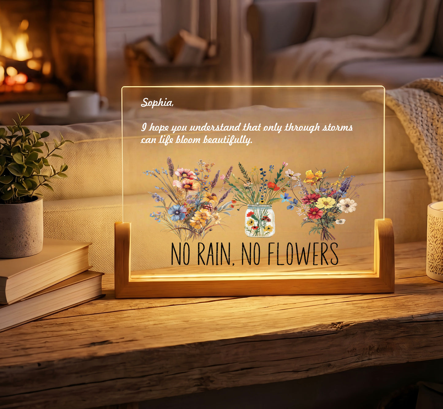Personalized Floral Acrylic Plaque Night Light with Custom Quote