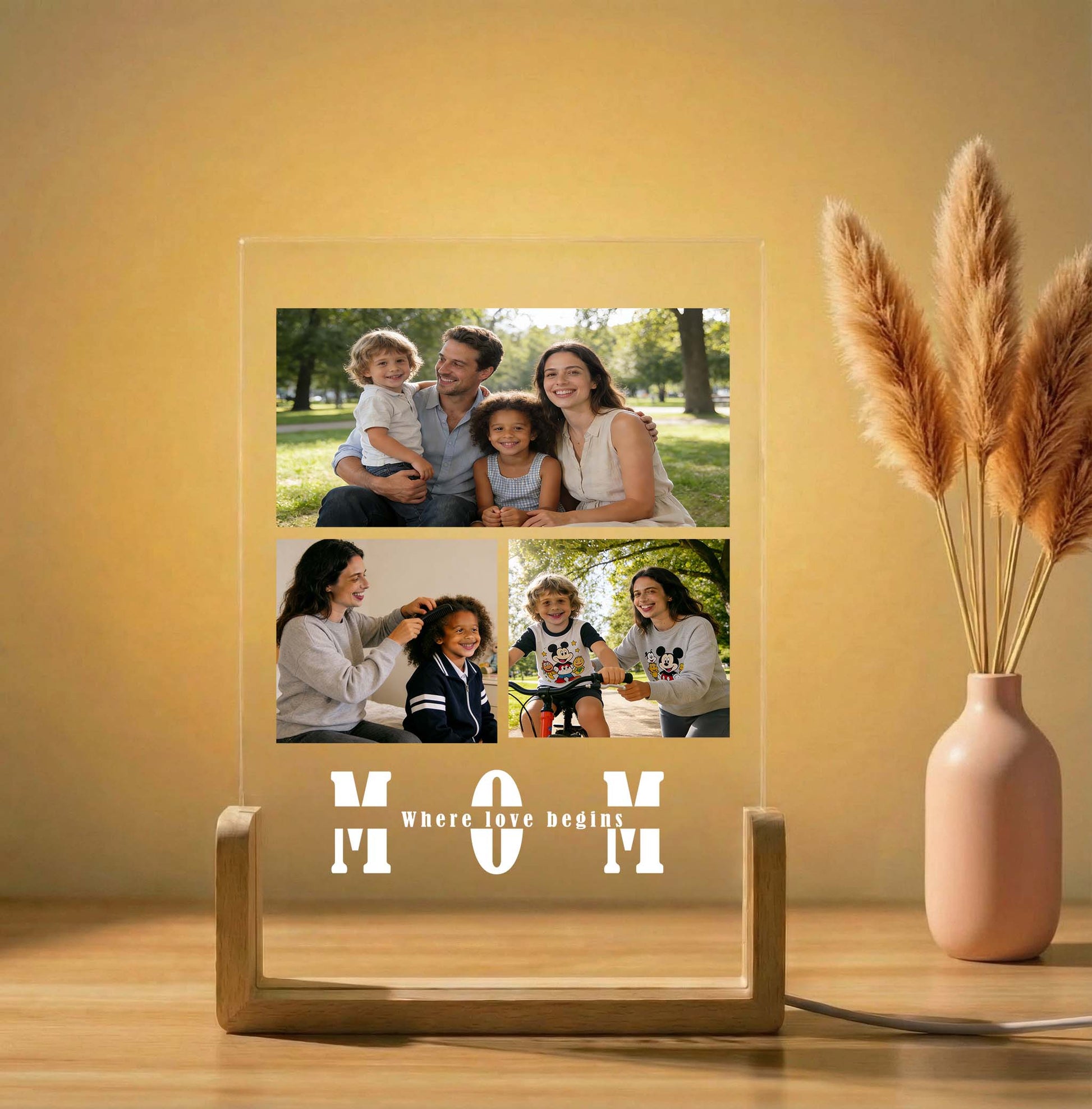 Personalized photo frame with family photos and 'Mom Where Love Begins' text on a wooden surface.