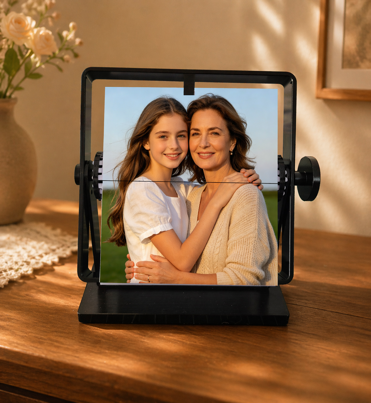 Thoughtful gift mom will cherish and unique gift for mom: a black open-frame flipping photo holder. Ideal for a birthday gift to showcase memorable daughter and mother pictures at home.