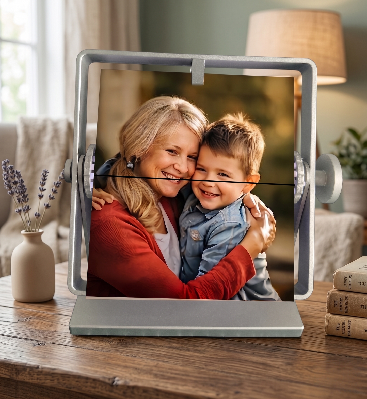 Thoughtful gift mom will cherish and unique gift for mom: a silver open-frame flipping photo holder. Ideal for a birthday gift to display unforgettable mother son growth stories beautifully at home.