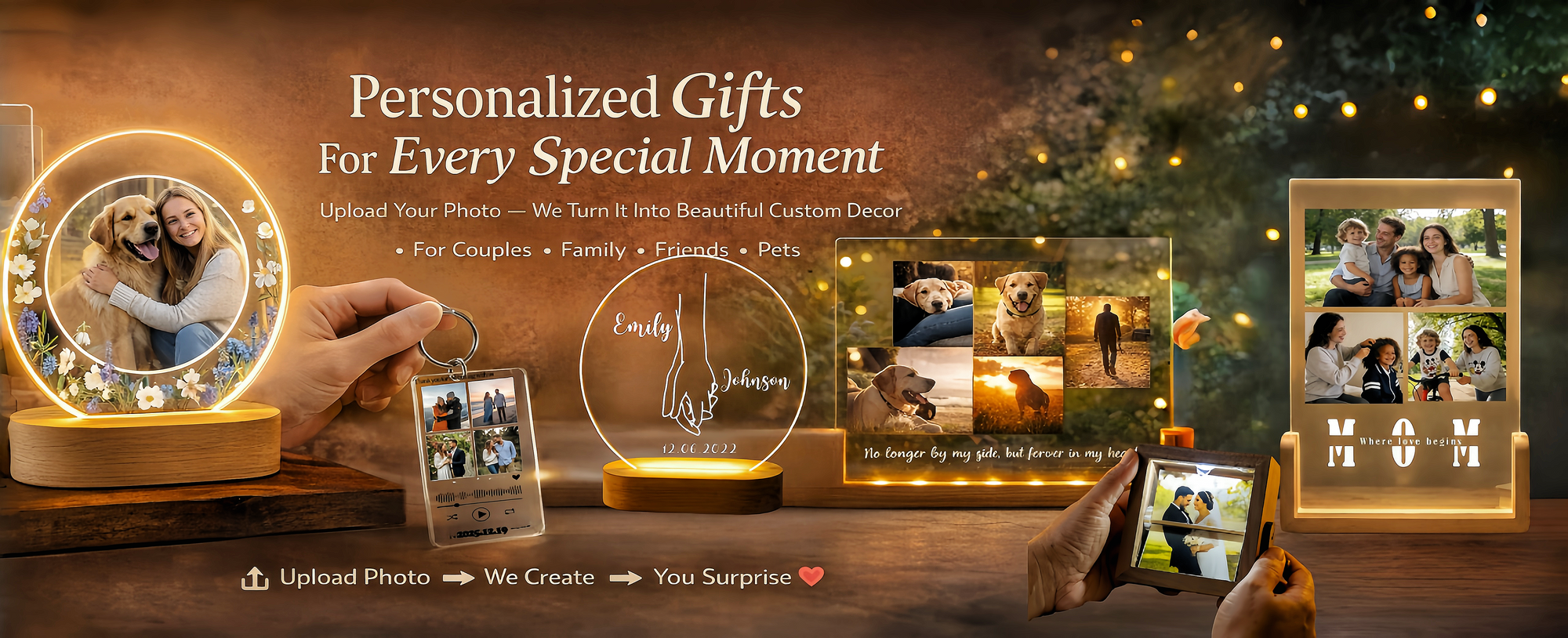Personalized photo gifts on a wooden surface with decorative lights 