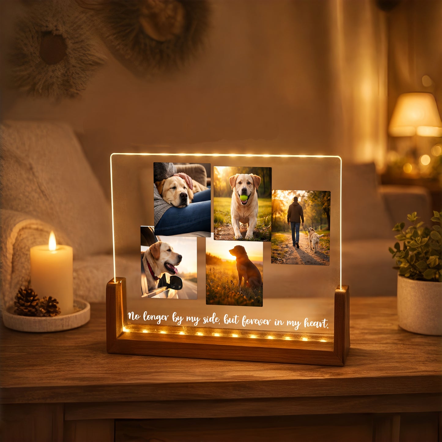 Custom pet loss memorial night light featuring a golden retriever photo on a glowing acrylic plaque.