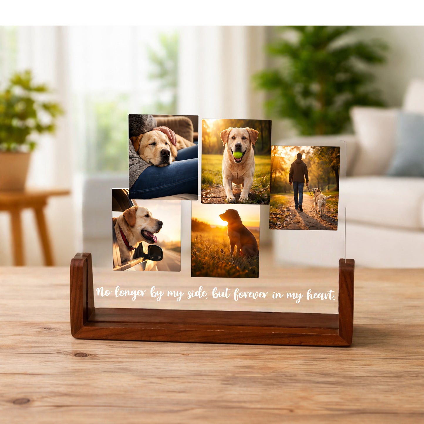 Personalized acrylic pet memorial night light with a wood base.