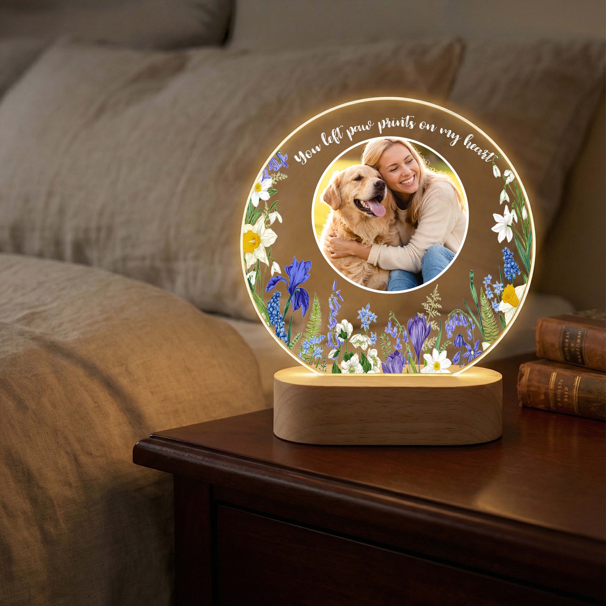 Custom dog loss sympathy night light displaying a pet photo on a bedside table.