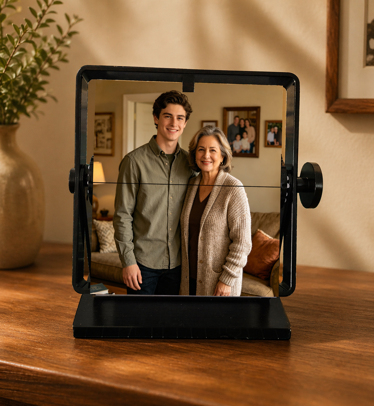 Thoughtful gift mom will cherish and mothers day gift: a black open-frame flipping photo holder. Ideal for a birthday gift to display unforgettable mother son growth stories elegantly at home.