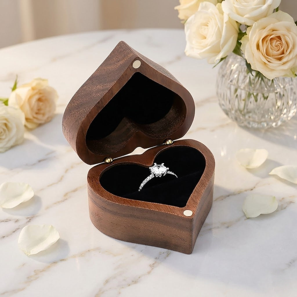 Personalized Walnut Heart Ring Box – Custom Proposal & Wedding Ring Bearer Box