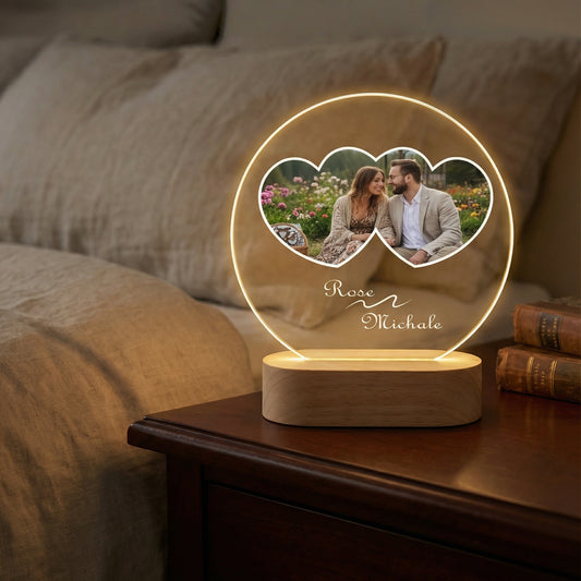 Romantic round LED photo lamp with heart-shaped collage, glowing personalized night light, best Valentine's Day gift for girlfriend.