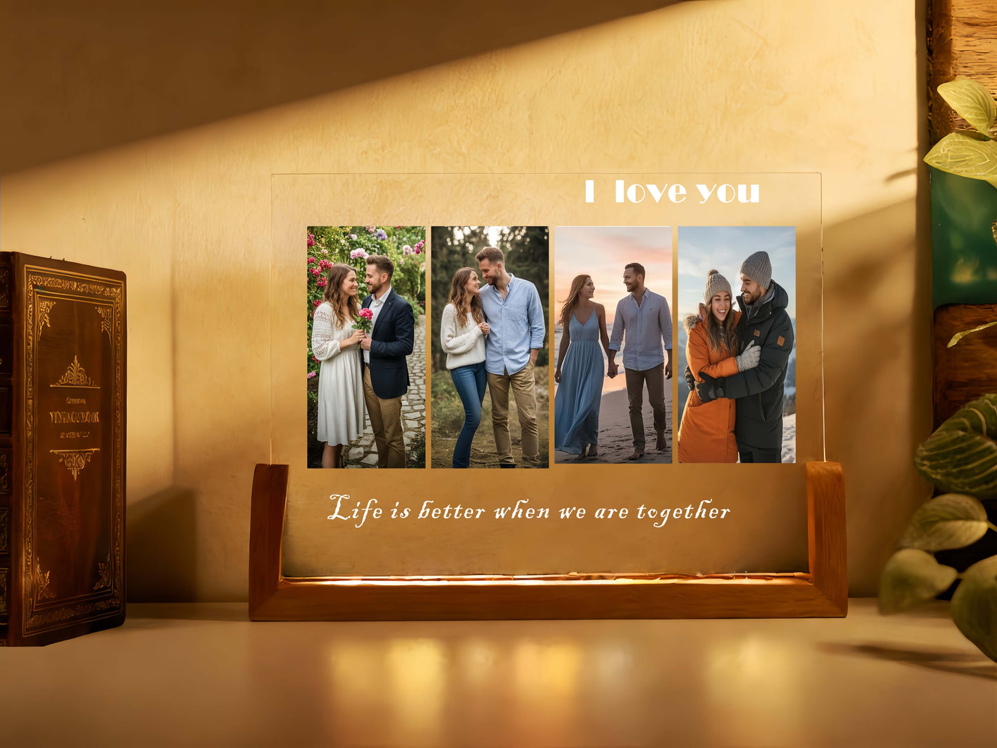 Decorative wall art with a couple and text 'I love you' and 'Life is better when we are together' on a warm-toned background.