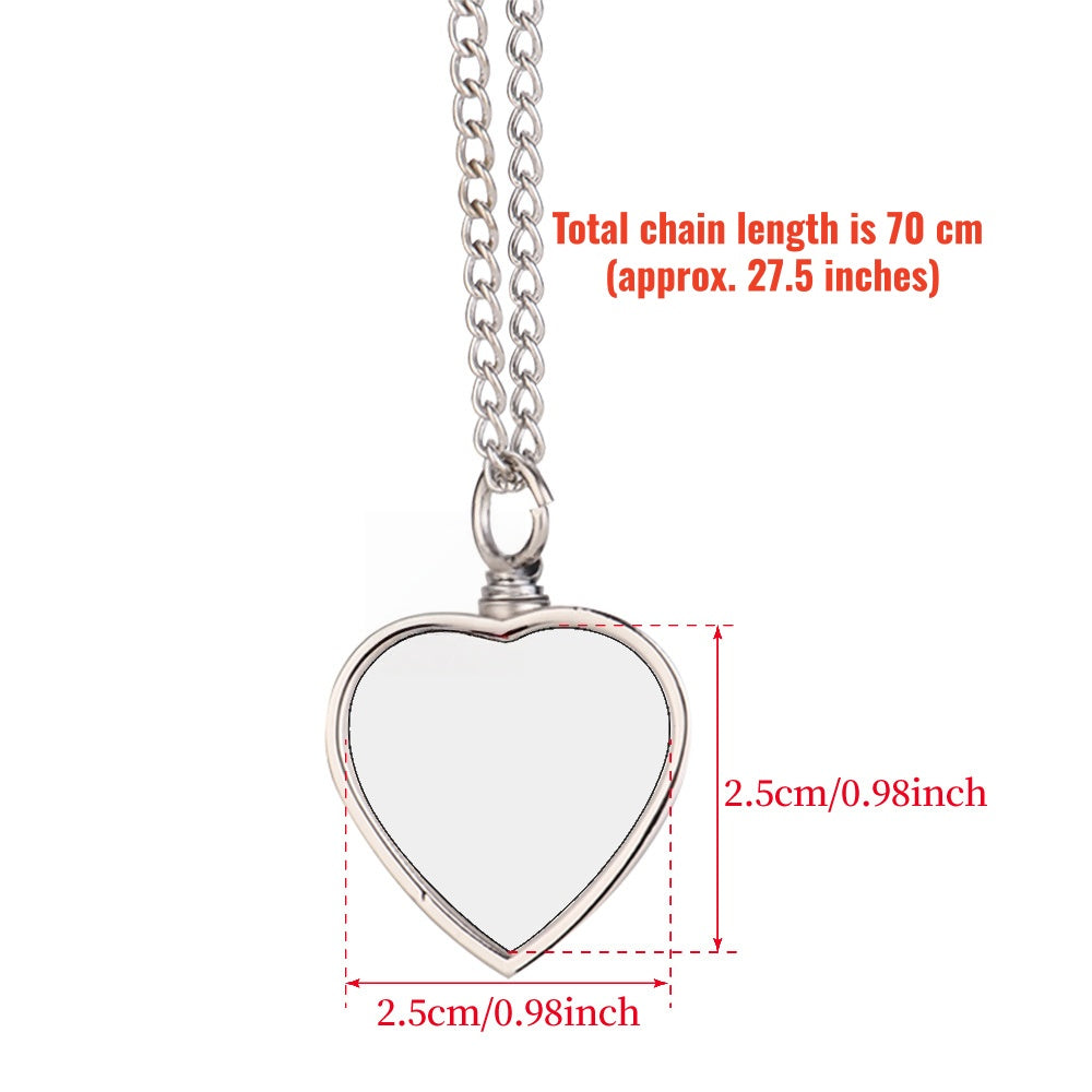 Heart-shaped pendant necklace with measurements on a white background