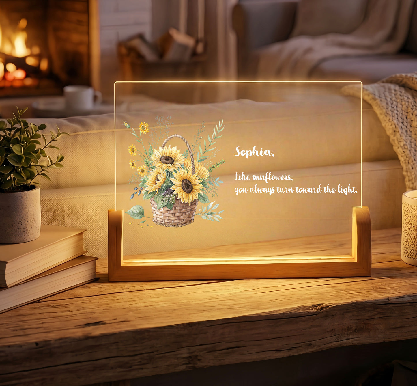 Personalized Floral Acrylic Plaque Night Light with Custom Quote