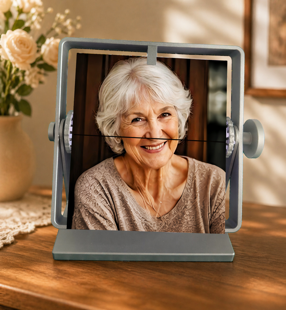 Unique gift for mom or grandmother: an elegant silver rotating picture frame. Perfect as a mothers day gift for elderly parents to display precious family growth and milestone memories on a desk.
