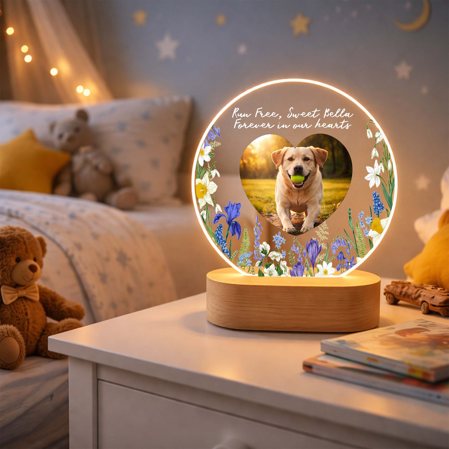 Personalized pet photo memorial night light with a glowing acrylic plaque and wood base.