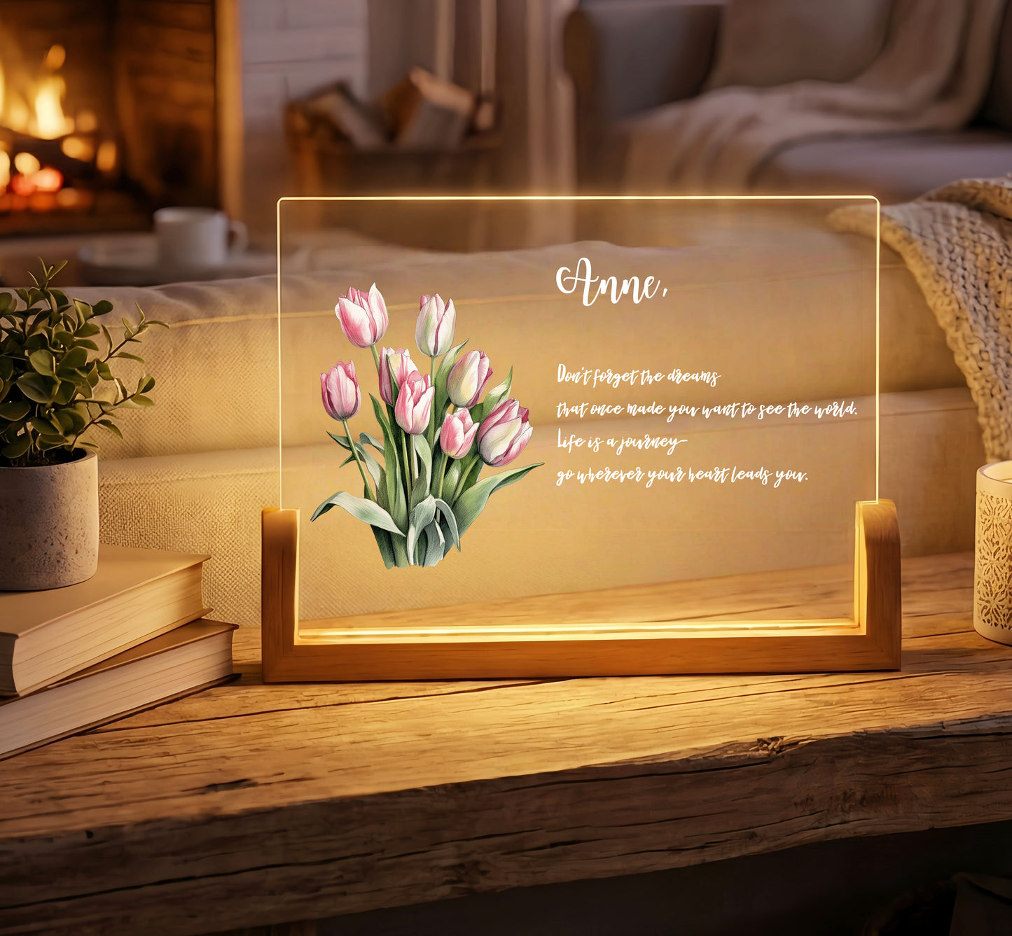 Personalized Floral Acrylic Plaque Night Light with Custom Quote