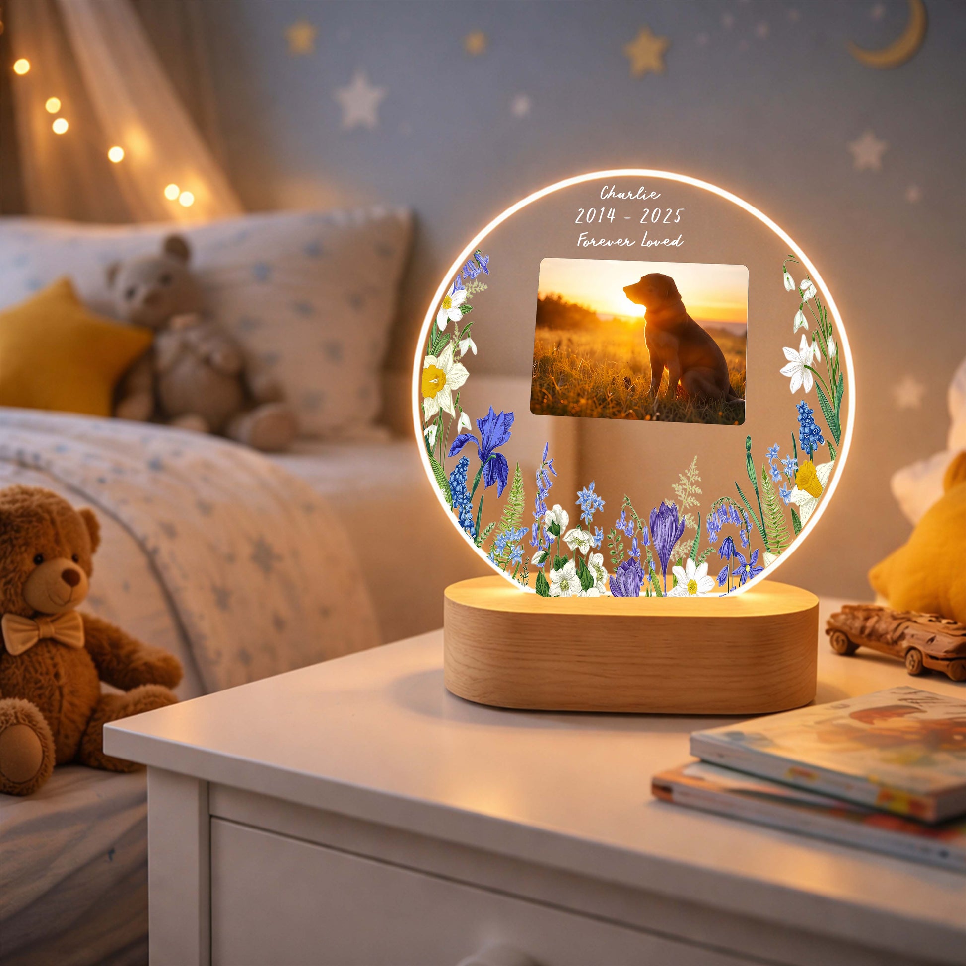 Personalized pet photo memorial night light with a glowing acrylic plaque and wood base.