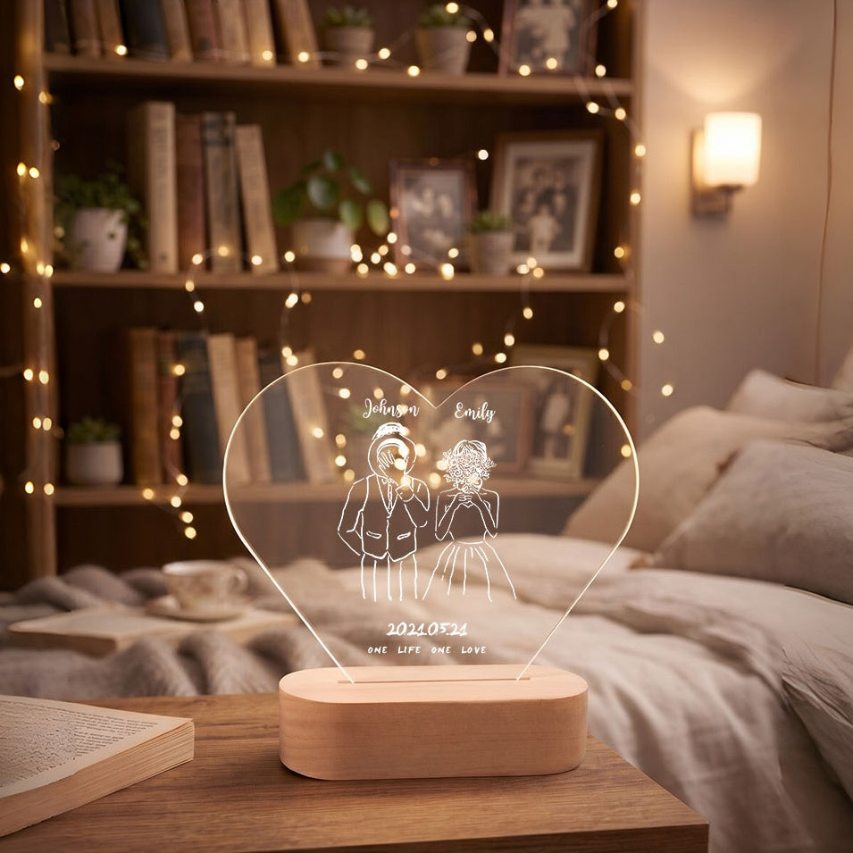 Custom Heart Acrylic LED Night Light | Personalized Wedding Keepsake
