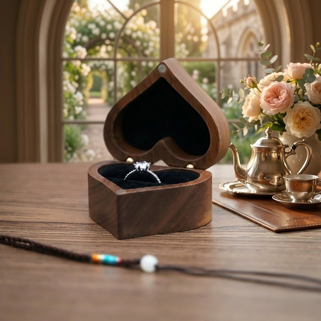 Personalized Walnut Heart Ring Box – Custom Proposal & Wedding Ring Bearer Box