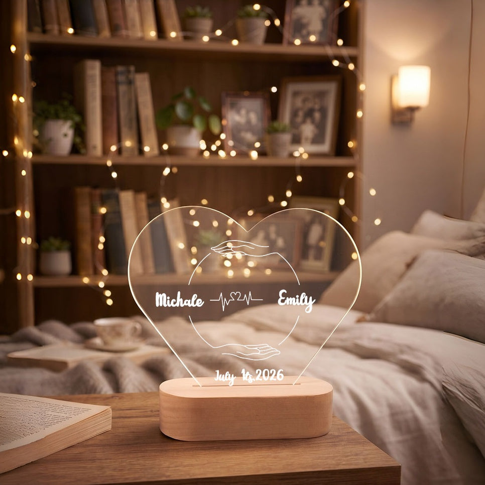 Custom Heart Acrylic LED Night Light | Personalized Wedding Keepsake