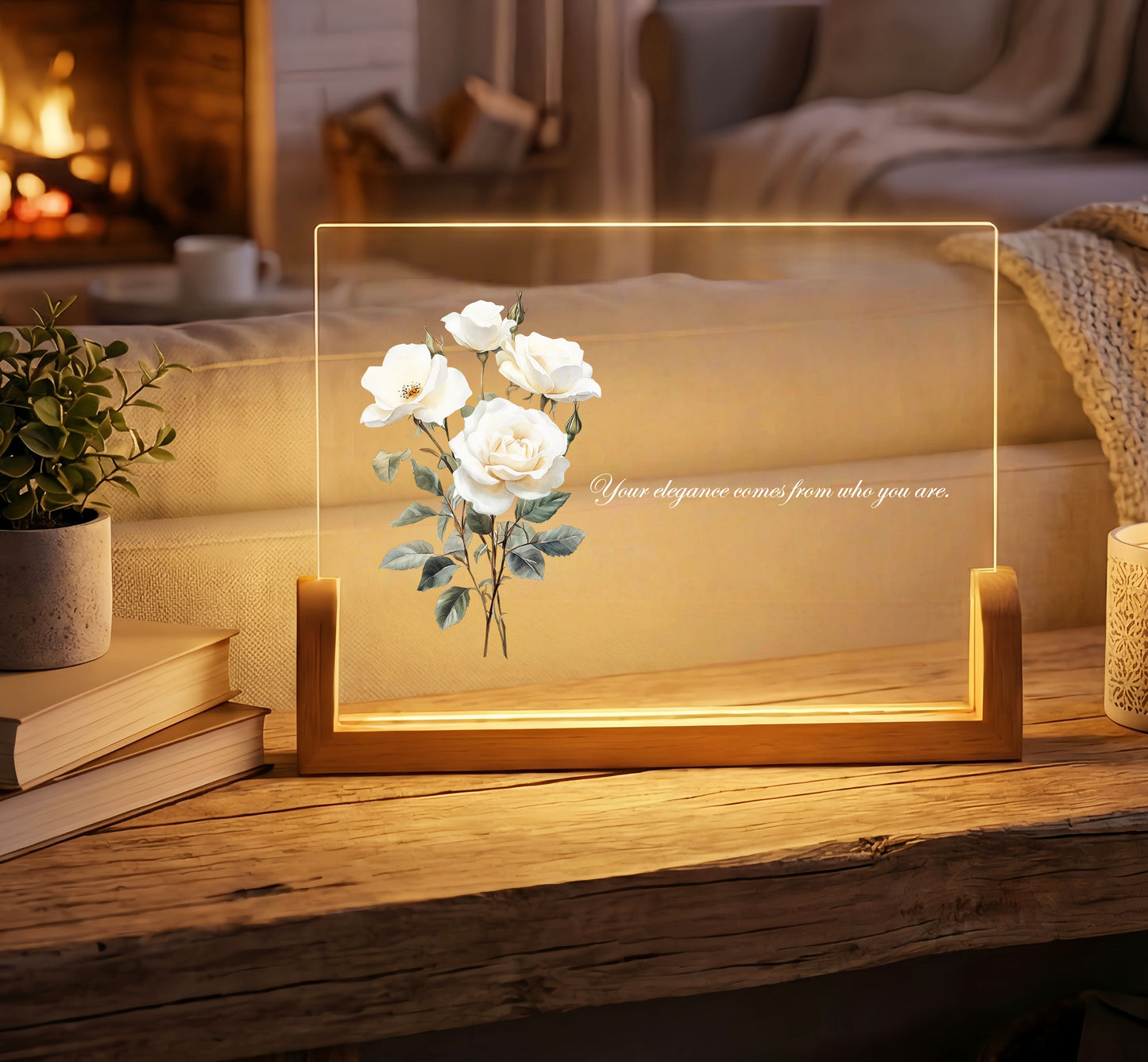Personalized Floral Acrylic Plaque Night Light with Custom Quote