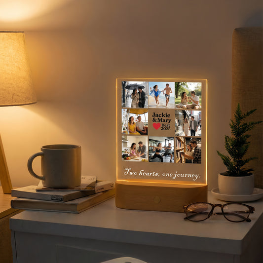 Wireless rechargeable LED photo lamp with touch sensor control, portable custom acrylic night light with wooden base, dimmable bedside gift