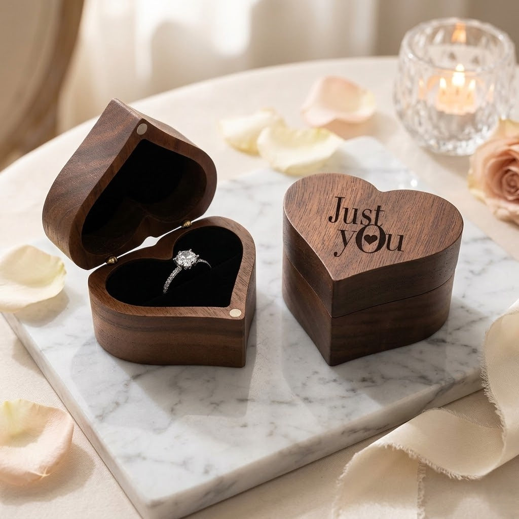 Personalized Walnut Heart Ring Box – Custom Proposal & Wedding Ring Bearer Box