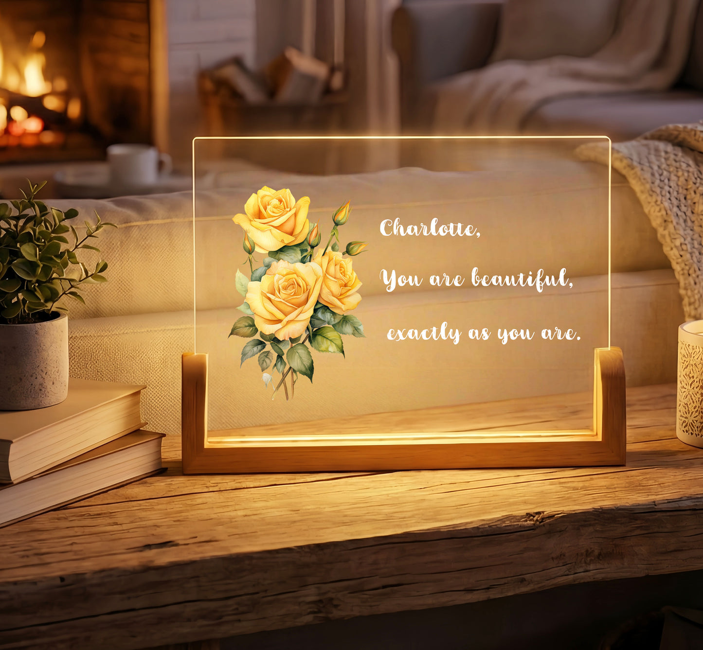 Personalized Floral Acrylic Plaque Night Light with Custom Quote