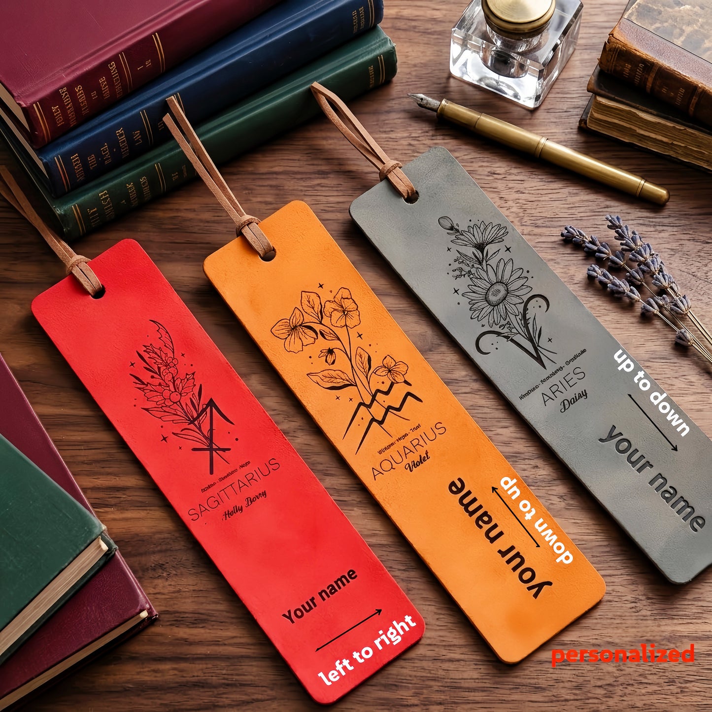 Personalized Zodiac & Birth Flower Leather Bookmarks (Set of 4)